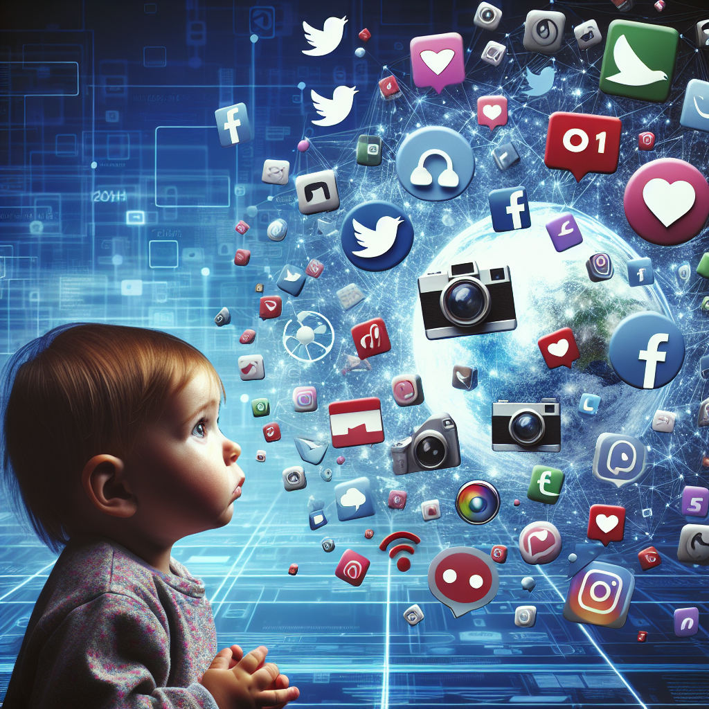 child surrounded by social media icons digital illustration